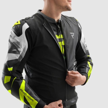 KURTKA MOTOCYKLOWA SKÓRZANA REBELHORN INFERNO BLACK WHITE FLUO YELLOW 46