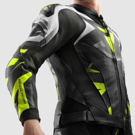 KURTKA MOTOCYKLOWA SKÓRZANA REBELHORN INFERNO BLACK WHITE FLUO YELLOW 46