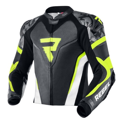 Przejdź do produktu KURTKA MOTOCYKLOWA SKÓRZANA REBELHORN REBEL BLACK WHITE FLUO YELLOW