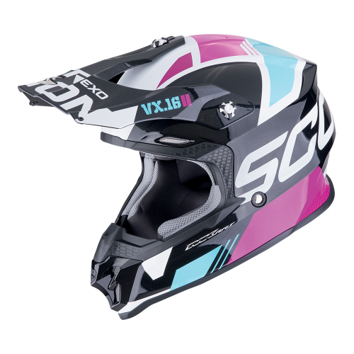 Przejdź do produktu KASK SCORPION VX-16 EVO AIR ANALOG METAL BLACK BLUE PINK