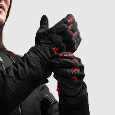 RĘKAWICE MOTOCYKLOWE DAMSKIE REBELHORN CORE BLACK RED WXS